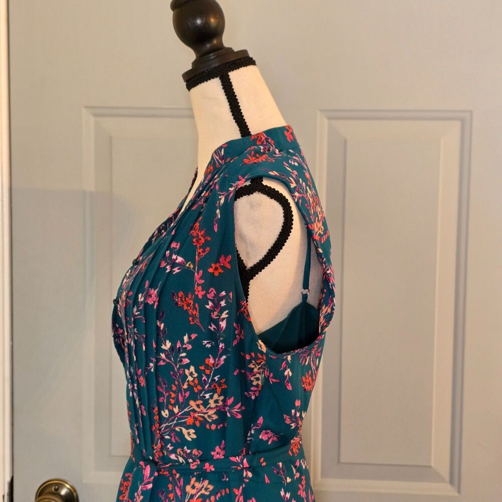 Nanette Lepore Teal Floral Sleeveless Pintuck Button Up A Line Dress Size 6 - Picture 5 of 13